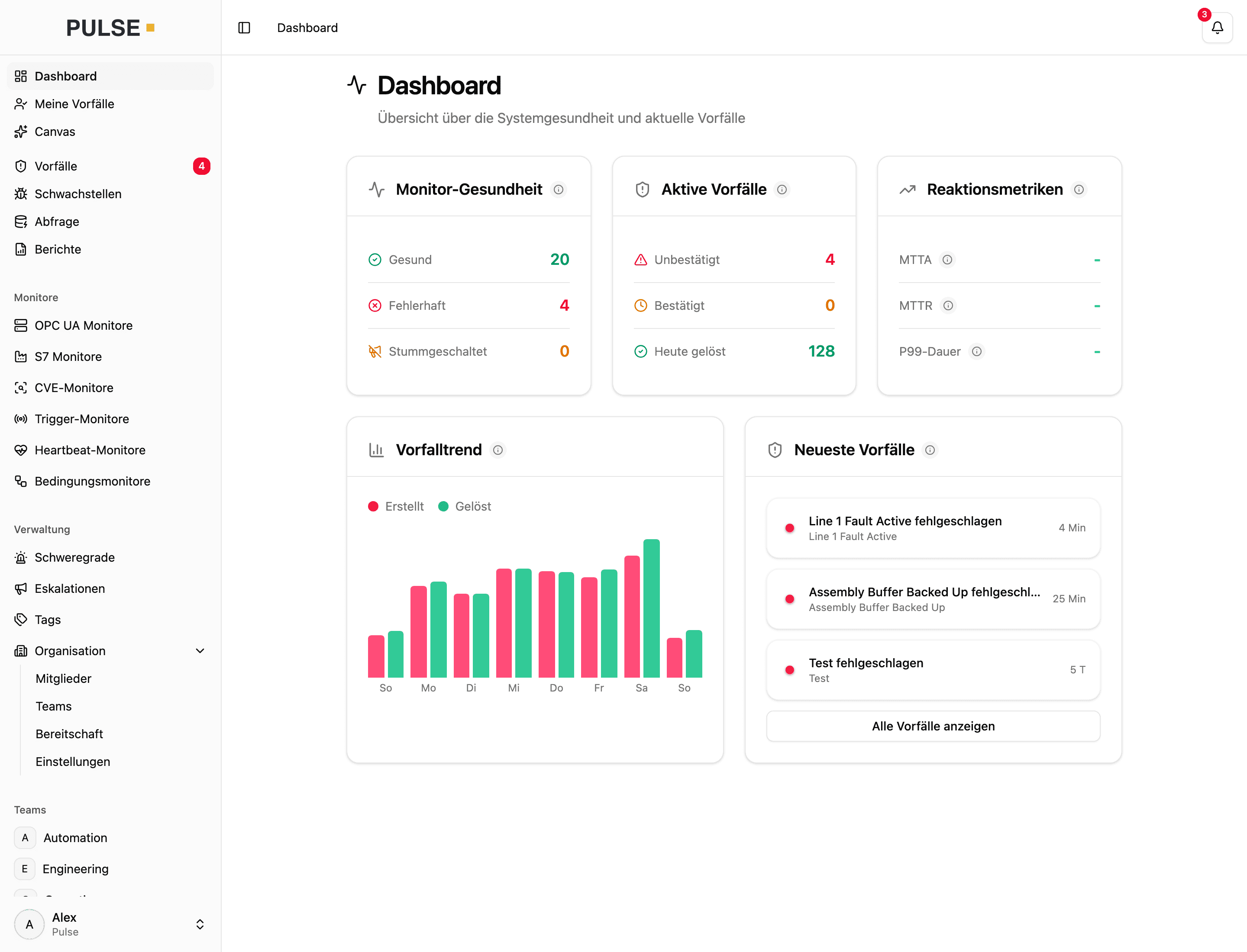 Pulse-Dashboard mit hervorgehobener Seitenleiste: OPC-UA-, S7-, CVE-, Trigger-, Heartbeat- und Bedingungsmonitore neben Abfrage, Berichten und Eskalationen