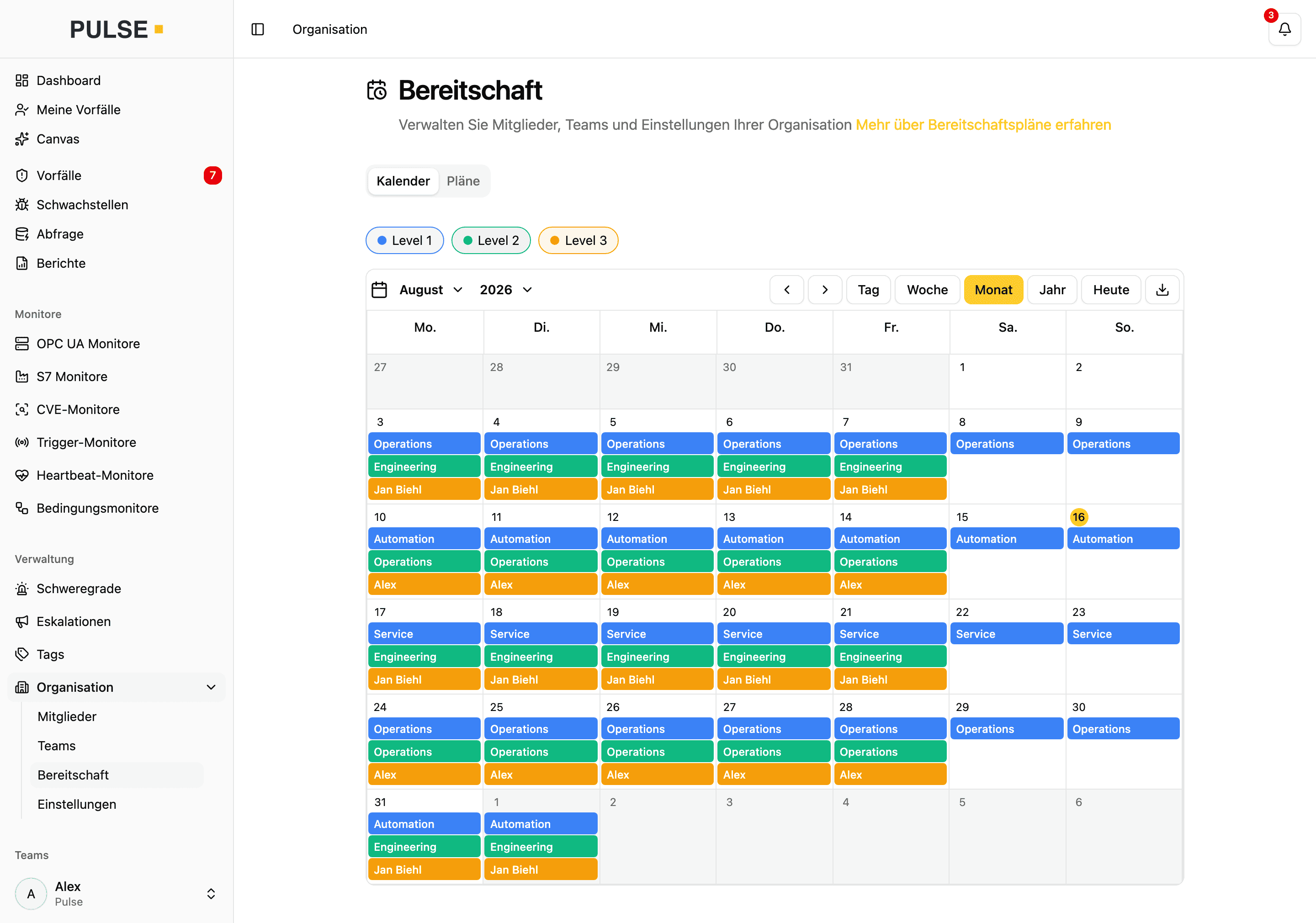 Monatlicher Bereitschaftskalender mit drei farbig markierten Eskalationsstufen, die über Teams und Personen rotieren