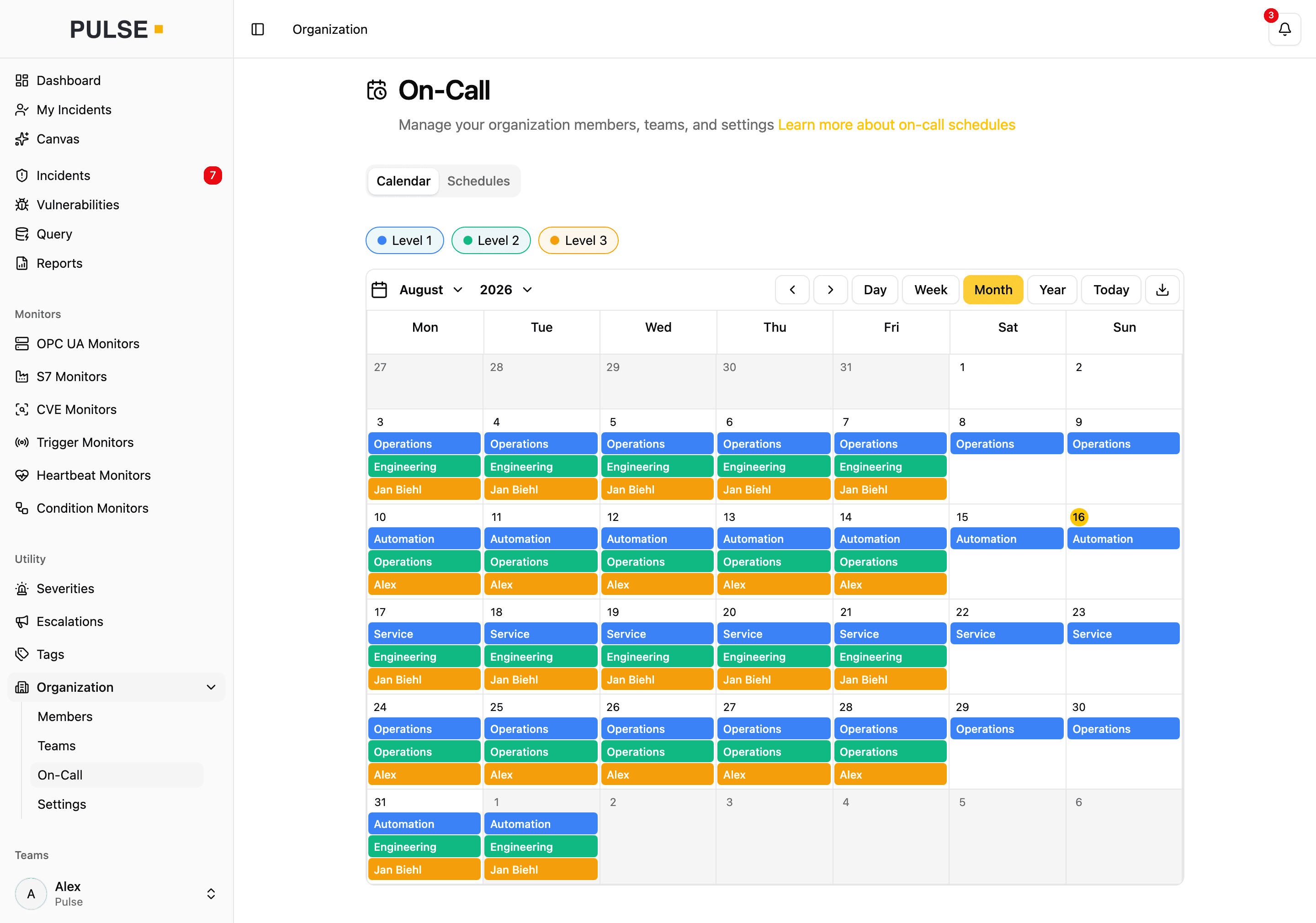 Monthly on-call calendar with three colour-coded escalation levels rotating across teams and individuals