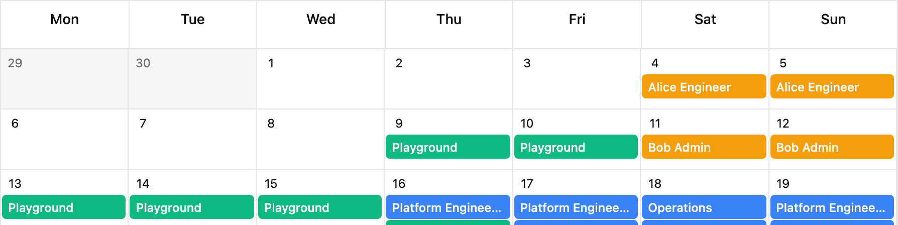 Monthly on-call calendar with color-coded shifts for people and teams